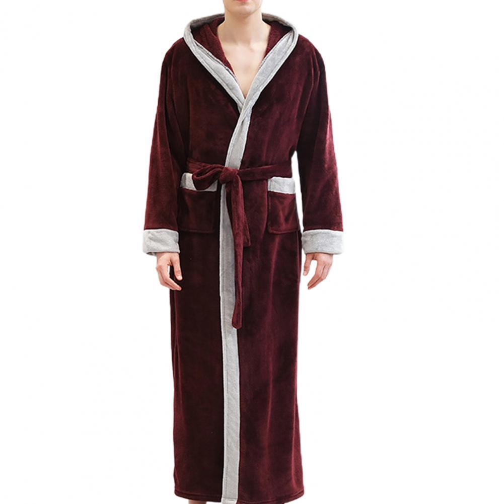 Men Robes Autumn Winter Flannel Long Sleeve Maxi Bathrobe Pockets Hooded Sleepwear Men's Sleep