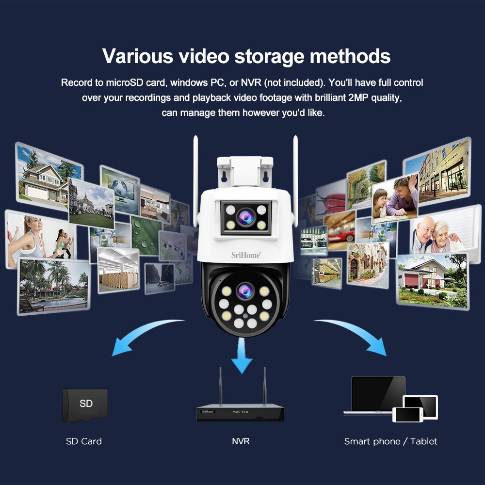 Srihome 4MP Outdoor WIFI Dual Lens IP Camera SH048 128G AI Tracking Security Protection Cameras Video CCTV Surveillance Cameras
