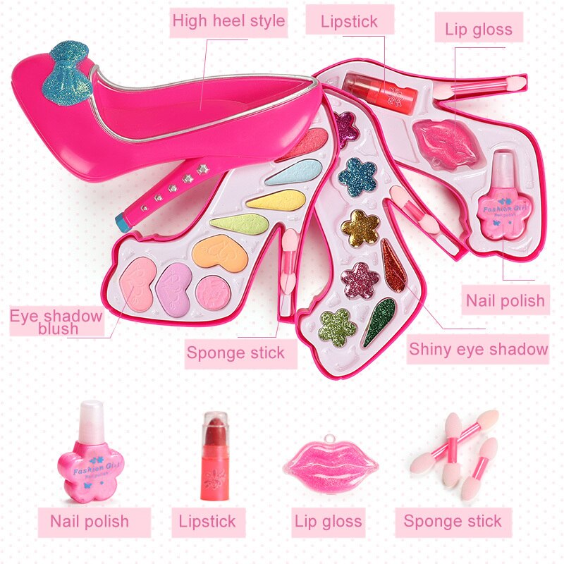 Piger makeup sæt legetøj børn højhælede kosmetiske etui skønhed makeup værktøjssæt sikkert giftfri plastik piger skønhed makeup legetøj