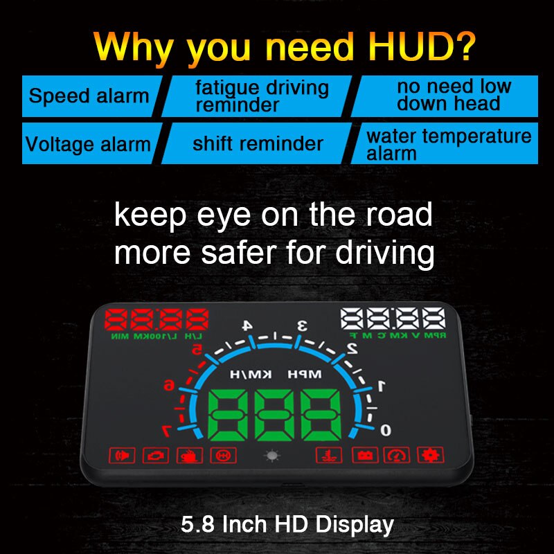 5.8 "Auto HUB OBD2 Head Up Display Auto Snelheid Projector Voertuig Voorruit Speedo Projetor Navigatie OBD Snelheidsmeter Hud E350