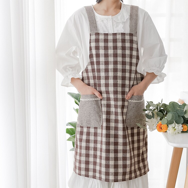 Japanse Stijl Katoen En Linnen Band Denim Rooster Geometrische Patroon Mouwloze Schort Volwassen Keuken Hand-Vegen Pocket Plaid: Coffee