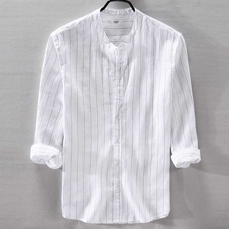 Camisa de lino Casual de manga 3/4 de rayas clásicas Retro para hombre, camisa de adelgazamiento, blusas de cuello mandarín, ropa masculina de estilo coreano