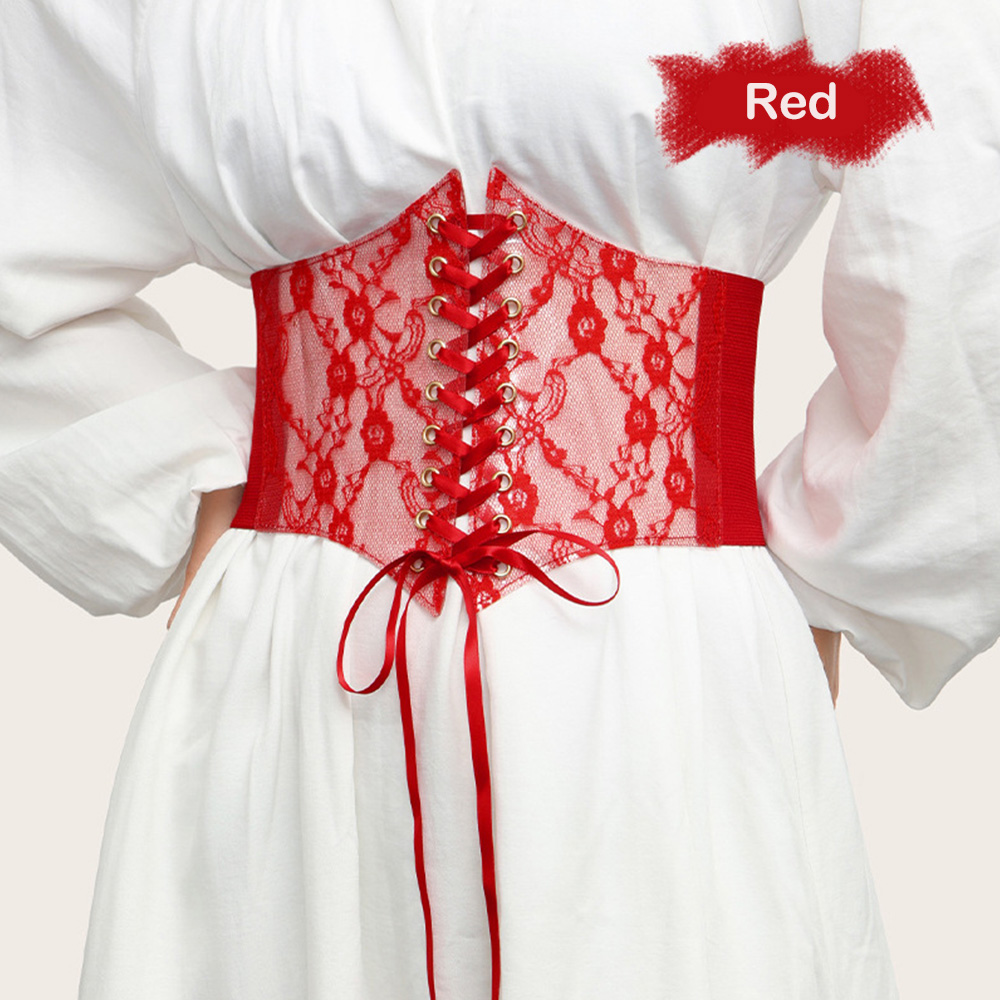 Corsé de cintura a la para mujer, cinturón transparente de encaje ancho femenino con lazo tejido, adelgazante banda Retro, cinturones para el cuerpo, faja para vestido: Red
