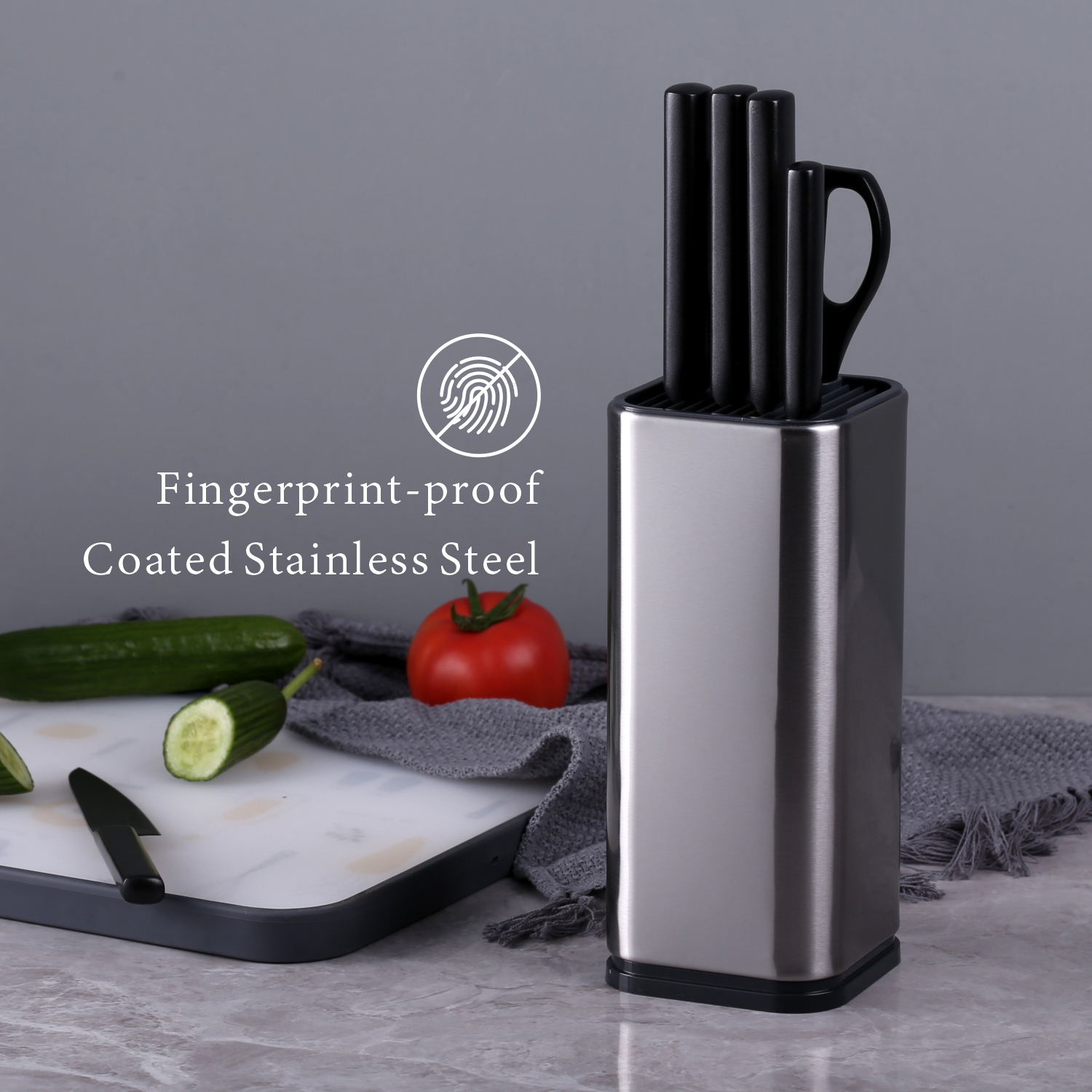 Modern Stainless Steel Knife Block with Scissors-Slot Fingerprint-proof Coated Knives Storage Holder