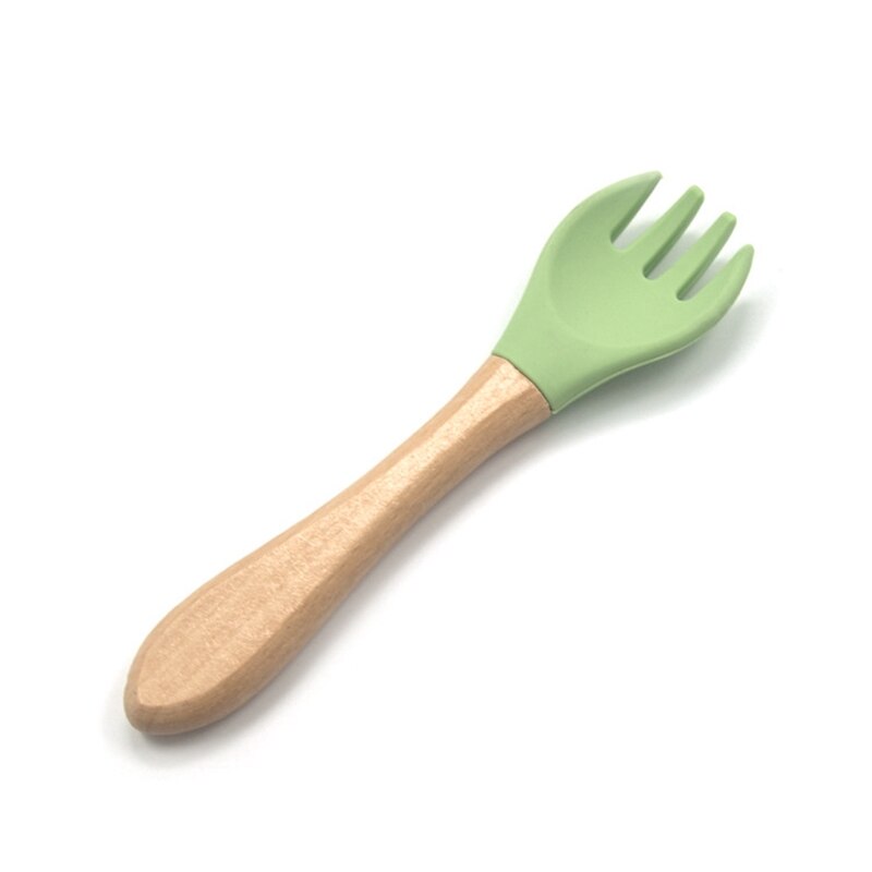 Hurtownia niemowlę silikonowy widelec ekologiczny widelec dla dzieci łatwe robić czyszczenia łyżka dla dzieci z drewnianym uchwytem prezent dla dziecka dla dzieci: GJC05