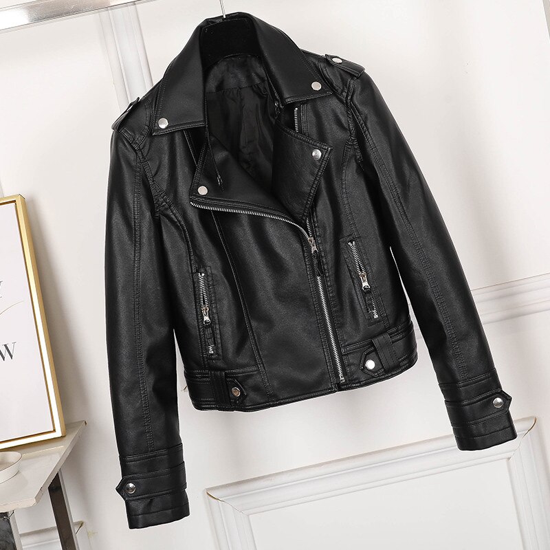 Aelegantmis Dünne Frauen Faux Leder Jacke lässig Radfahrer Motorrad Jacken Weibliche Punk Streetwear Frühling Herbst Mantel: Schwarz / XL