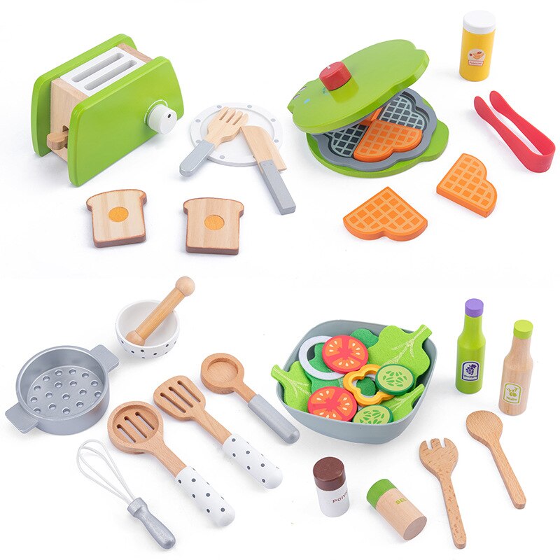 Kids Wooden Pretend Play Sets Simulation Toasters Bread Maker Coffee Machine Blender Baking Kit Game Mixer Kitchen Role Toy