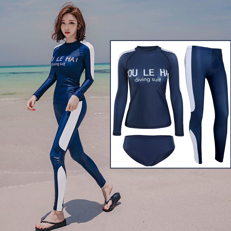 Kvinders upf 50+  udslæt vagt 3 stk sæt langærmet vand strand surf svømmetøj skjorter leggings fuld uv / solbeskyttelse badetøj aktivtøj