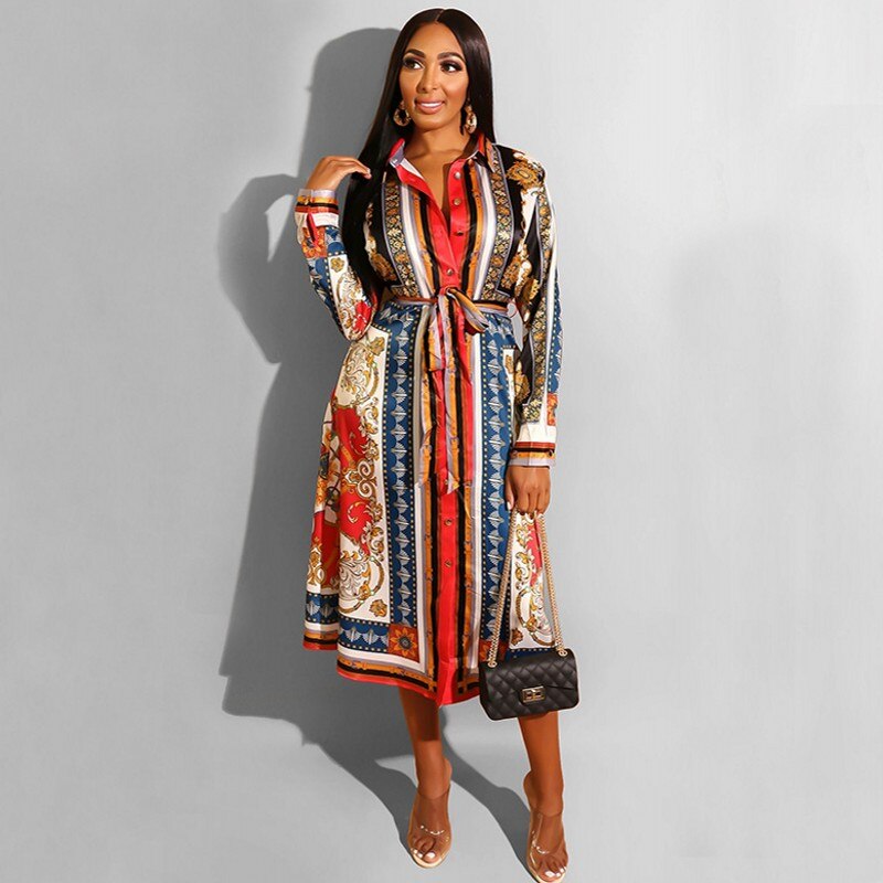 Vestidos africanos para mujer, ropa africana, camisa de manga larga estampada, vestido con cinturón Dashiki Ankara de talla grande, vestidos de oficina para mujer: XXL