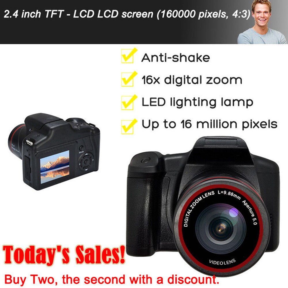 Digital SLR Camera 2.4-Inch TFT LCD Screen 1080P 16x Zoom Anti-Shake Full HD 16 Megapixel CMOS Sensor Ultra-Light LCD Screen