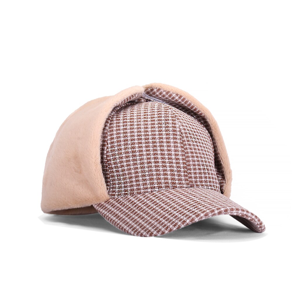 Sombrero de invierno con orejas para mujer, gorra de béisbol femenina, más terciopelo, actividad al aire libre, Retro, a cuadros, accesorios para mujer, lana, HatBQM211: khaki