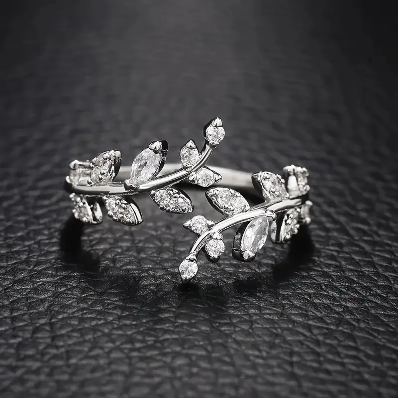 Anillos de apertura de hoja de olivo a la para mujer con incrustaciones de circonia cúbica brillante, accesorios simples y elegantes para dedo, de para chica, Nueva joyería Jahльца: Plata