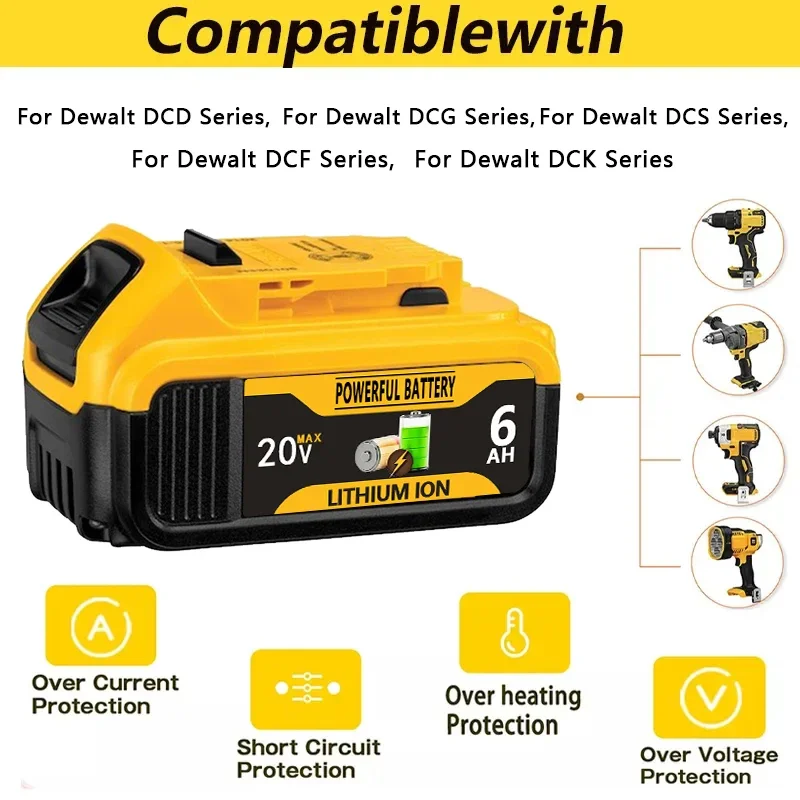 For Dewalt 20V 6Ah MAX Power Tools Replacement Battery DCB180 DCB185 DCB184 DCB200 DCB203 Rechargeable Lithium-ion Battery