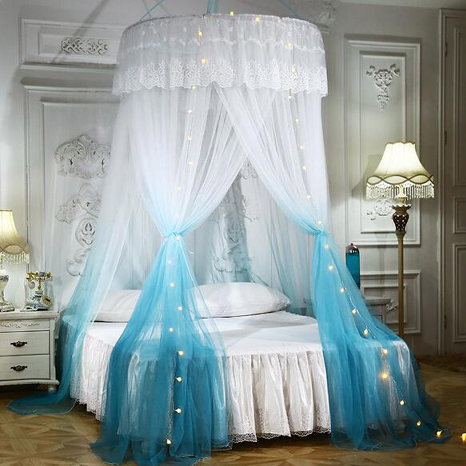 Duży romantyczny kolor gradientowa kopuła komara zasłony kopuła księżniczki z siatką moskitierą kopuła składane łóżko z baldachimem z hakiem # T2: niebieski 