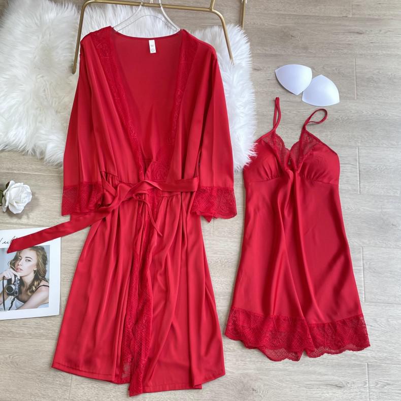 Bata roja de seda sintética para mujer, ropa de dormir de encaje dulce, camisón Sexy con cuello en V, vestido de primavera y otoño para el hogar: Rojo / XL
