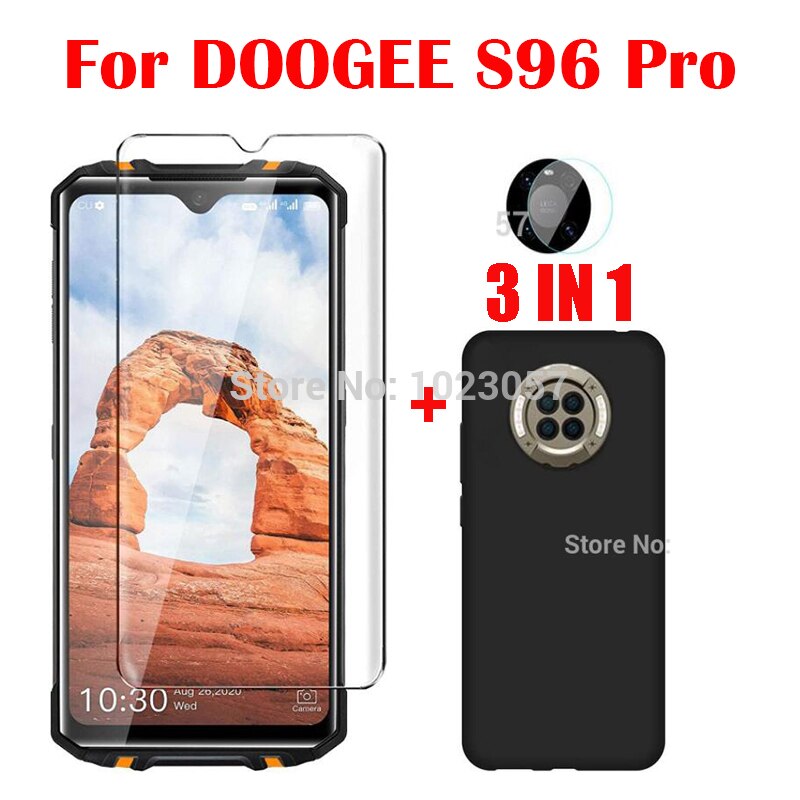3-w-1 kamera szkło hartowane dla Doogee S96 zawodowiec ScreenProtector szkło dla Doogee S96 2.5 D szkło: 3 in 1 czarny Case