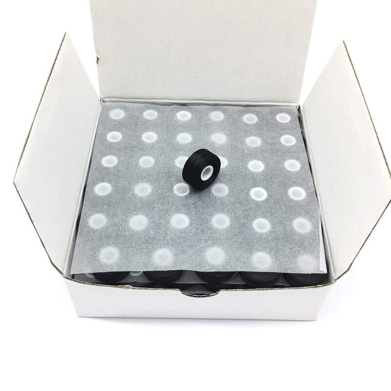 144 st/låda undertråd storlek l vit/svart 75d/2 sidlösa 100%  förlindade polyesterspolar: 75d längder 120 yards