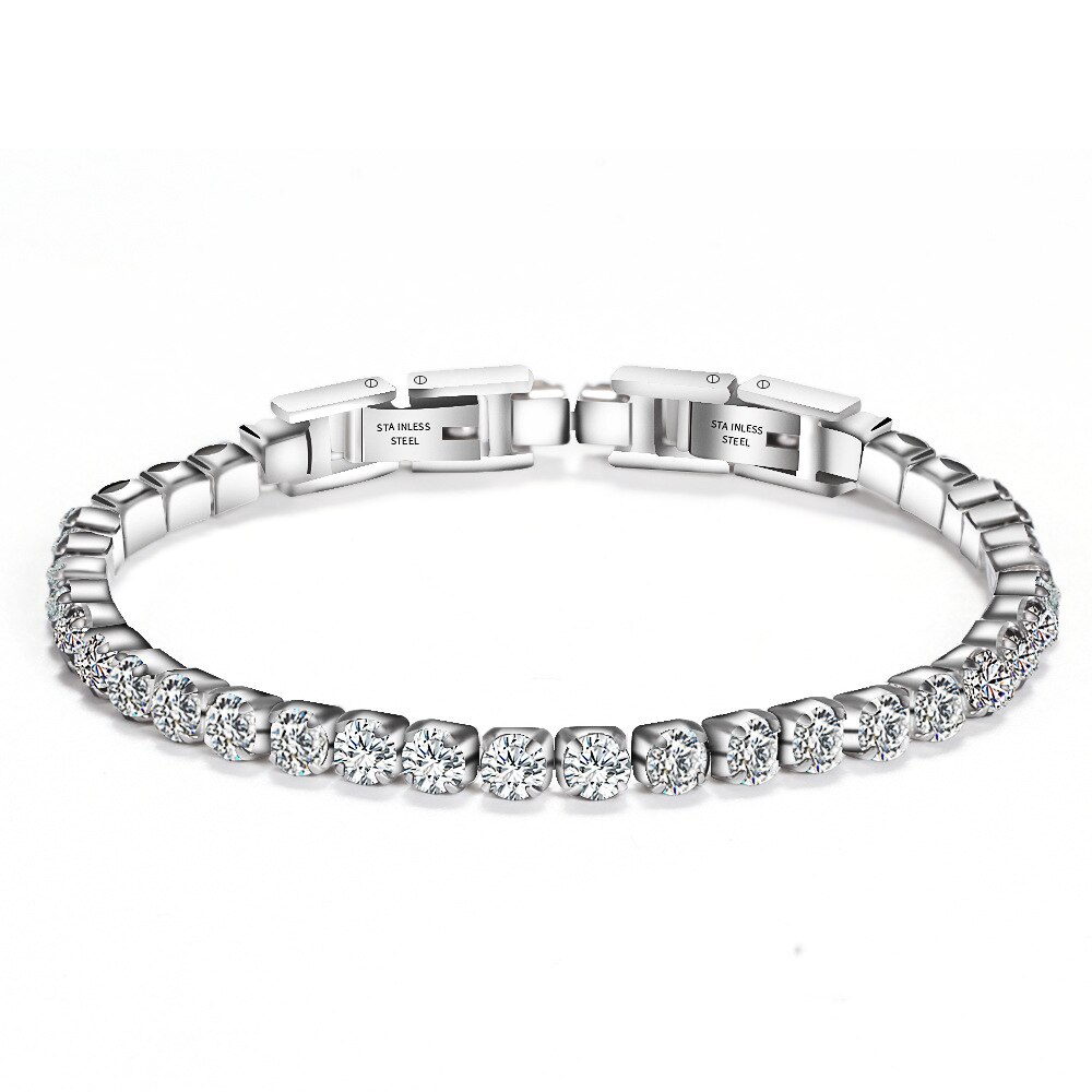 Adjustable and removable titanium steel double buckle zircon bracelet women's stainless steel simple tennis chain: Silver