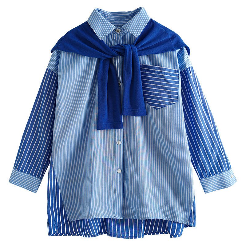 Camicie a righe rosa coreane per ragazze adolescenti bambini colletto rovesciato in cotone Patchwork a righe top camicette a maniche lunghe per bambini: Blue Striped Shirt / 12