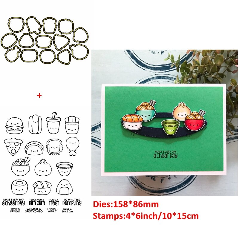 Qwell deilig sushi metall skjærende matriser med klare frimerker setning håndverk papirkort diy scrapbooking lage mal: Dør og stempler