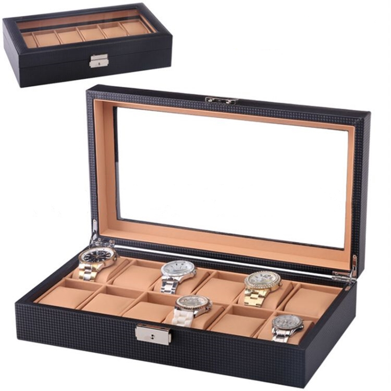 3/6/12 slots kulfiber urboks læder sort ur display box med lås herre ure organizer