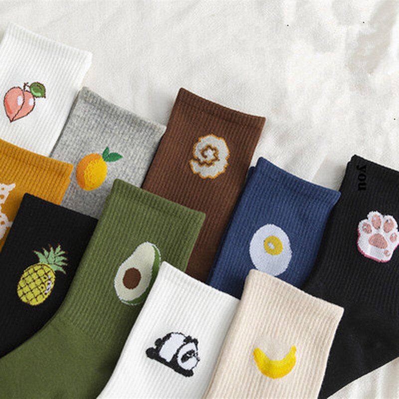 Funny Socks Women Casual Cartoon Fruit Embroidered AVocado Bunching Sock Happy Japanese-Style Harajuku Skateboard Socks