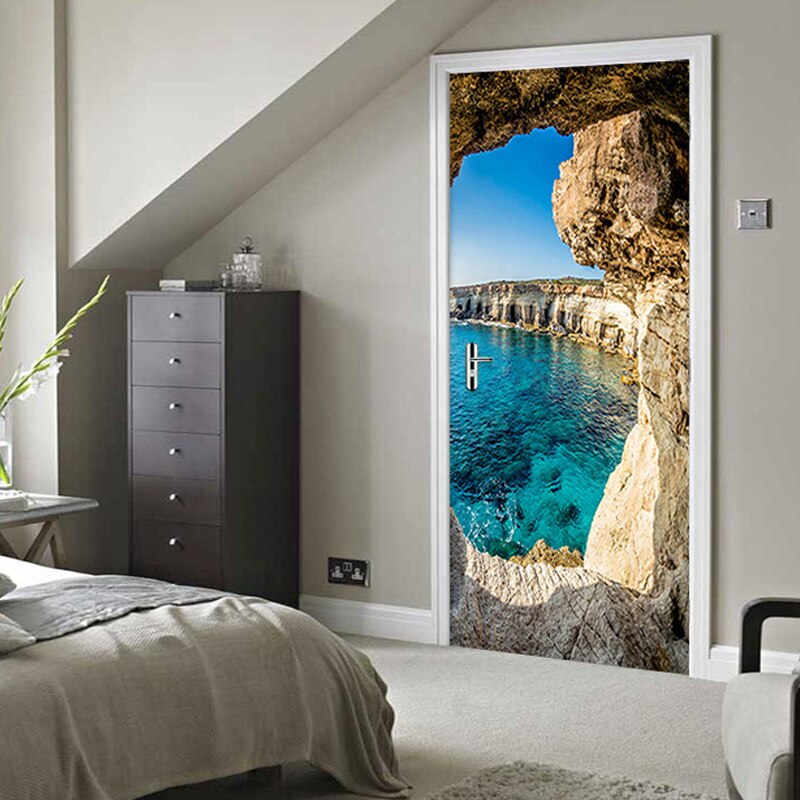 PVC Deur Plakken 3D Stereo Cave Zeegezicht Landschap Deur Sticker Woonkamer Slaapkamer Home Decor Muursticker Moderne DIY Muur papers