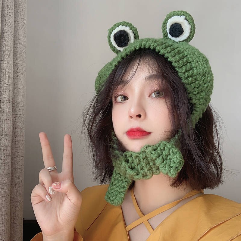 Gorro de punto de rana para mujer, gorros gruesos de , cálidos y dulces, coreanos, para chica estudiante, otoño e invierno, 2022
