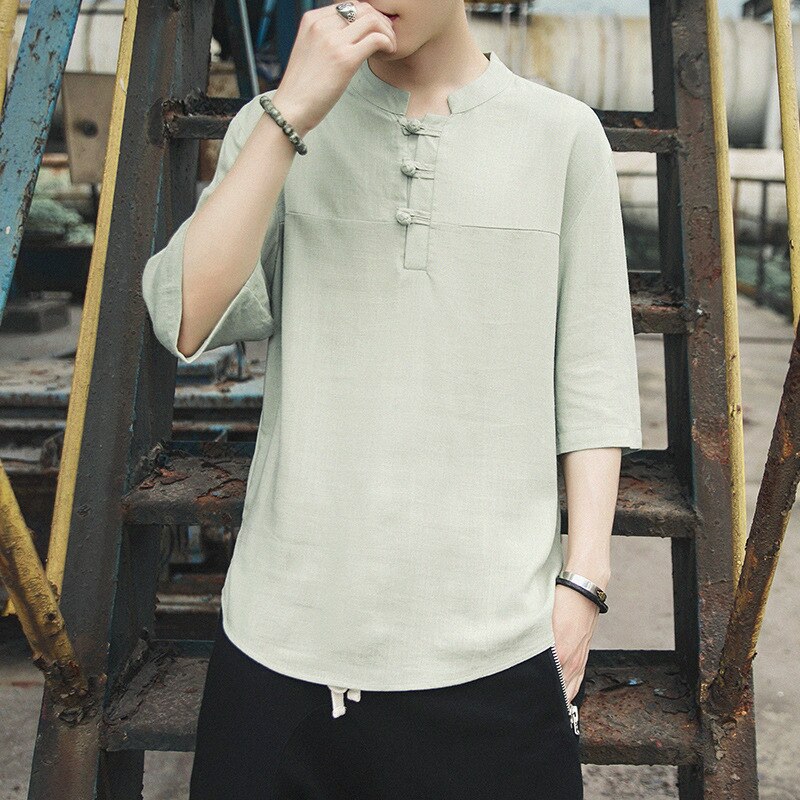 Sommer kortermet lin t-skjorte menn kinesisk stil knapp pluss størrelse løs bluse mannlig tradisjonell hanfu kung fu t-skjorter antrekk: Lysegrå / Xxl