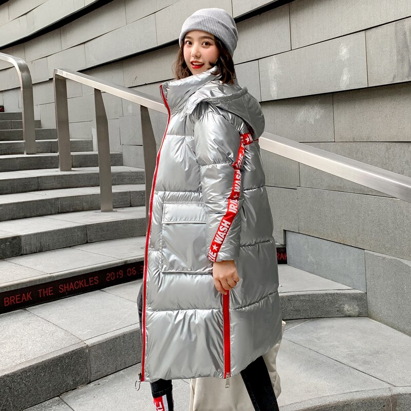 hiver longue veste pour femmes col montant Parka femme manteau à capuche avec tissu brillant Long coton rembourré