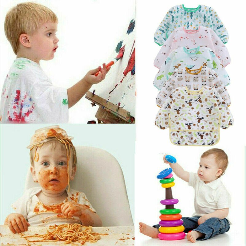 Tablier à manches longues imperméable | Mignon bébé enfant en bas âge, tablier à bavette dessin animé vêtements d'alimentation à bavettes