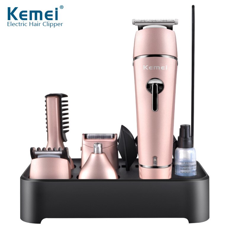 Kemei 5 in 1 Rechargeable Electric Hair Clipper Shaver Nose Trimmer KM-1015 For Man Waterproof Hair Clipper Cordless: Pink