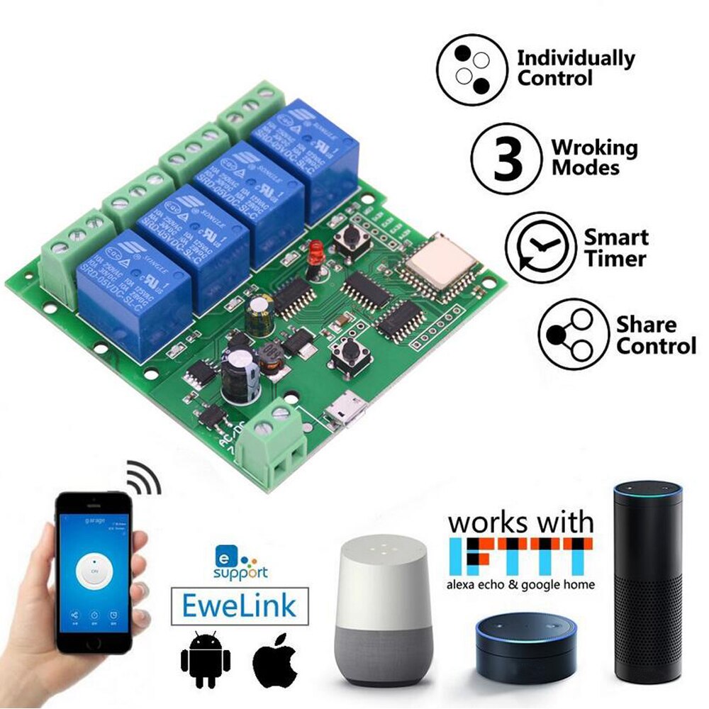 WiFi Switch Ewelink App Smart Life Remote Control Wireless Smart Switch Modul Self-locking interlock remote control 4-way relay