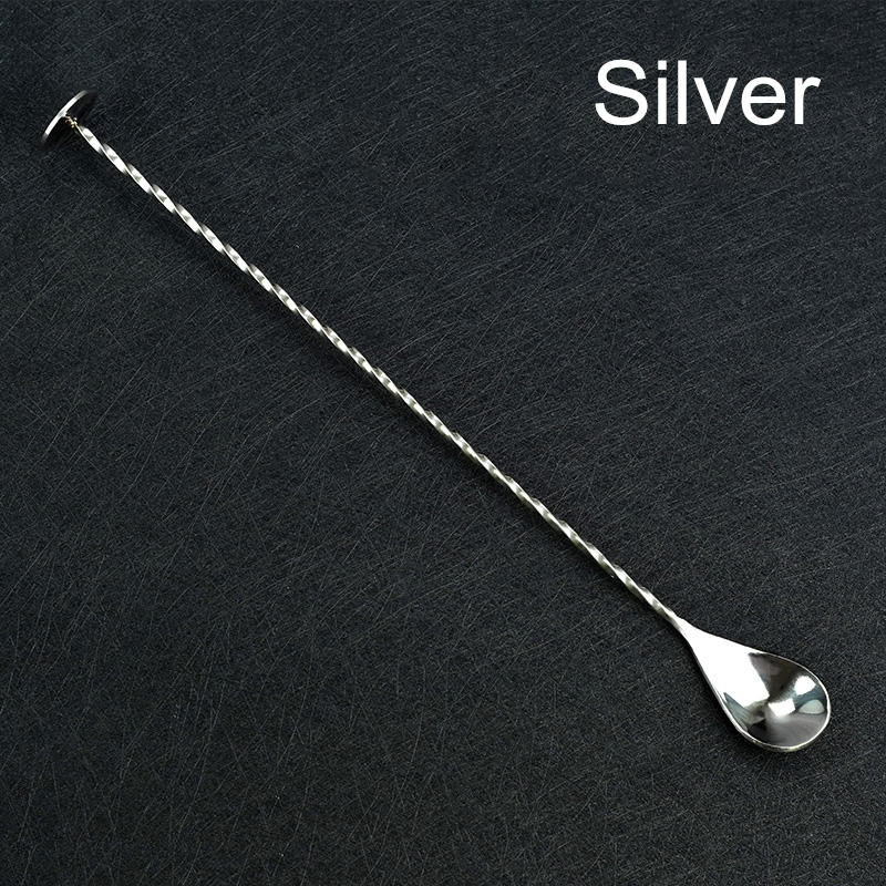 Blande cocktail ske rustfrit stål røremaskine spiral mønster plating snoet langt håndtag cocktail røre bartending bar ske: Sølv