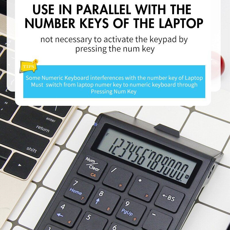 Numeric Keyboard Bluetooth Keypad Digital Calculator with LCD Display Screen Rechargeable For Windows Laptop Android Tablet