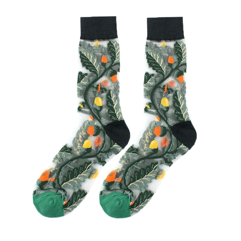 Calcetines divertidos de pájaro Floral de seda de cristal con Hipster francés para mujer, ropa de calle transparente, Calcetines divertidos artísticos de Jacquard Sokken: Verde