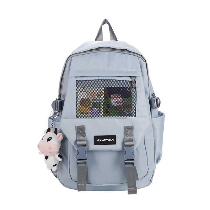 Wiosna nowy różowy damski plecak modny, jednokolorowy, o dużej pojemności, torba podróżna dla studentów, wodoodporna nylonowa torba na laptopa: blue / With Pendant
