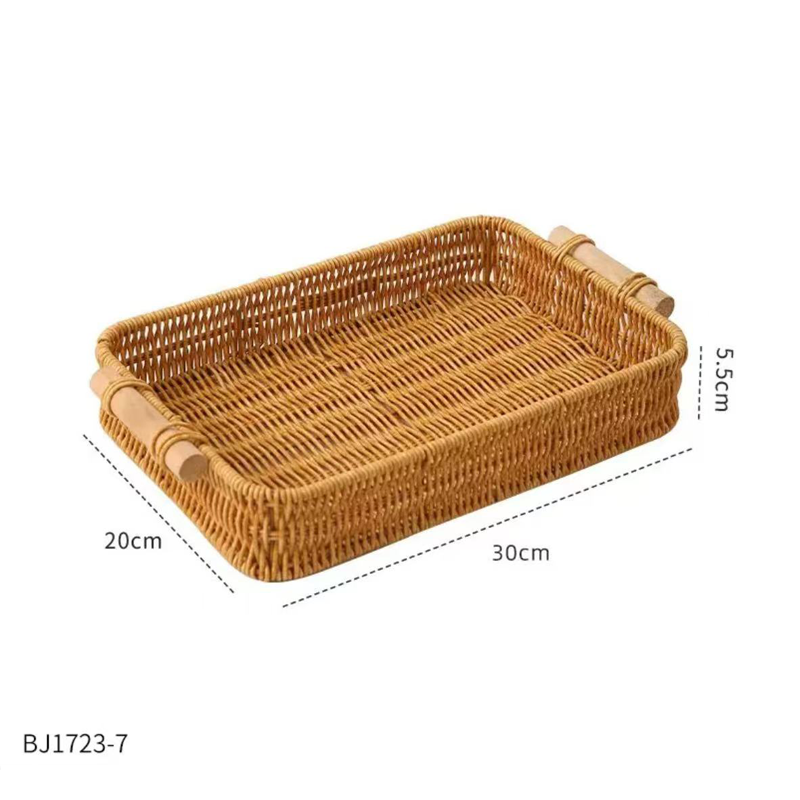 Håndlavet flettet rattan opbevaringsbakke firkantet fletkurv træhåndtag brød madbakke frugtkagefad: Hvid