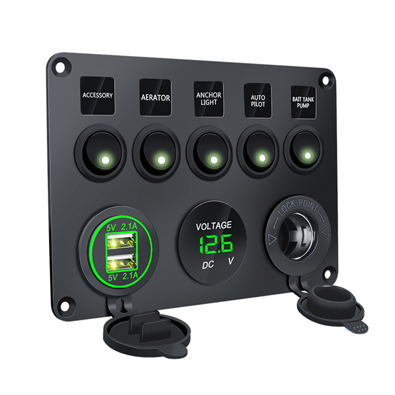12 v 24 v Für Boot Yacht 5 Gang Marine Boot Schalter Panel Led Wasserdichte Schaltung Mit Voltmeter Dual USB ladegerät Panel Schalter: green