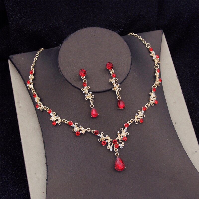 Baroque Crystal Bridal Jewelry Sets for Women Prom Tiara Crowns Earring Necklace Bride Wedding Jewelry Set: Red