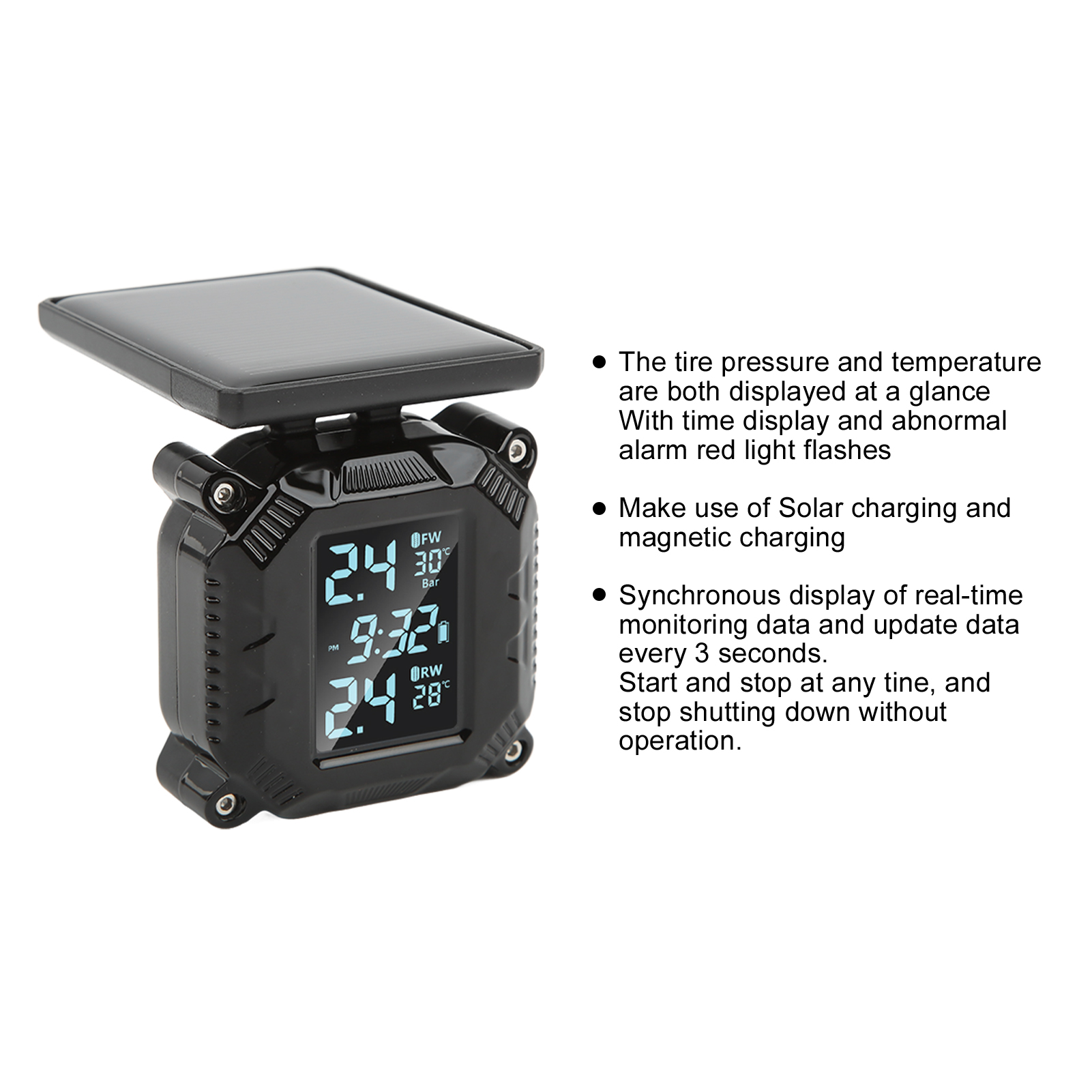 Wireless Motorcycle Tire Pressure Temperature Monitor System Solar Powered LCD Screen IP67 Waterproof Tire Temperature Sensor