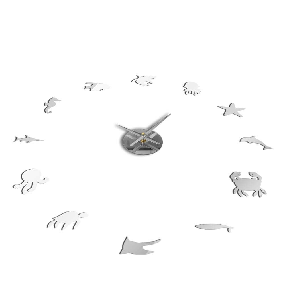 Reloj de pared de animales acuáticos para decoración de habitación de niños, pegatinas de espejo acrílico 3D DIY, mecanismo de cuarzo, vida marina, dormitorio