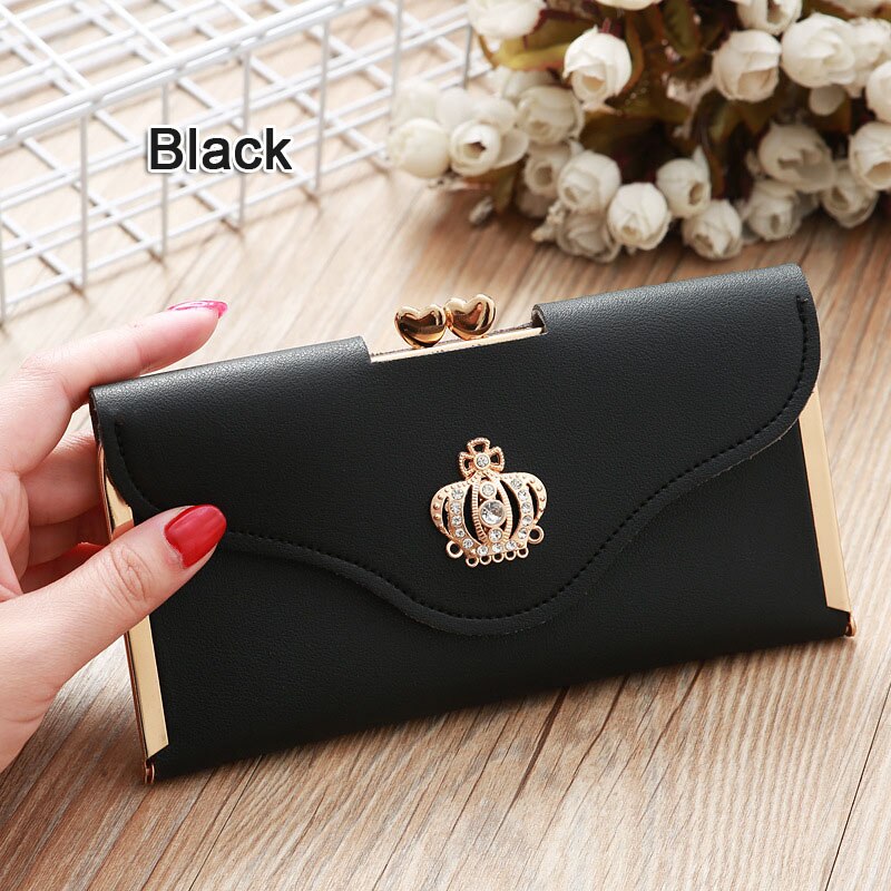 Women Crown Wallets Hasp Lady Purses Girls Moneybags Clutch Woman Handbag Wallet Cards ID Holder Long Purse Bags Billfold Clips: Black