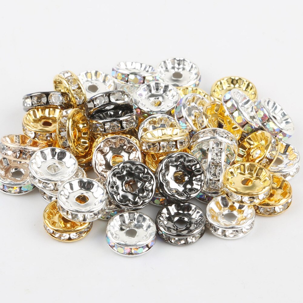 50pcs 4/6/8/10mm Gold/Silver Plated Crystal Rhinestone Beads Round Rondelle Spacer Beads For Jewelry Making DIY Accessories