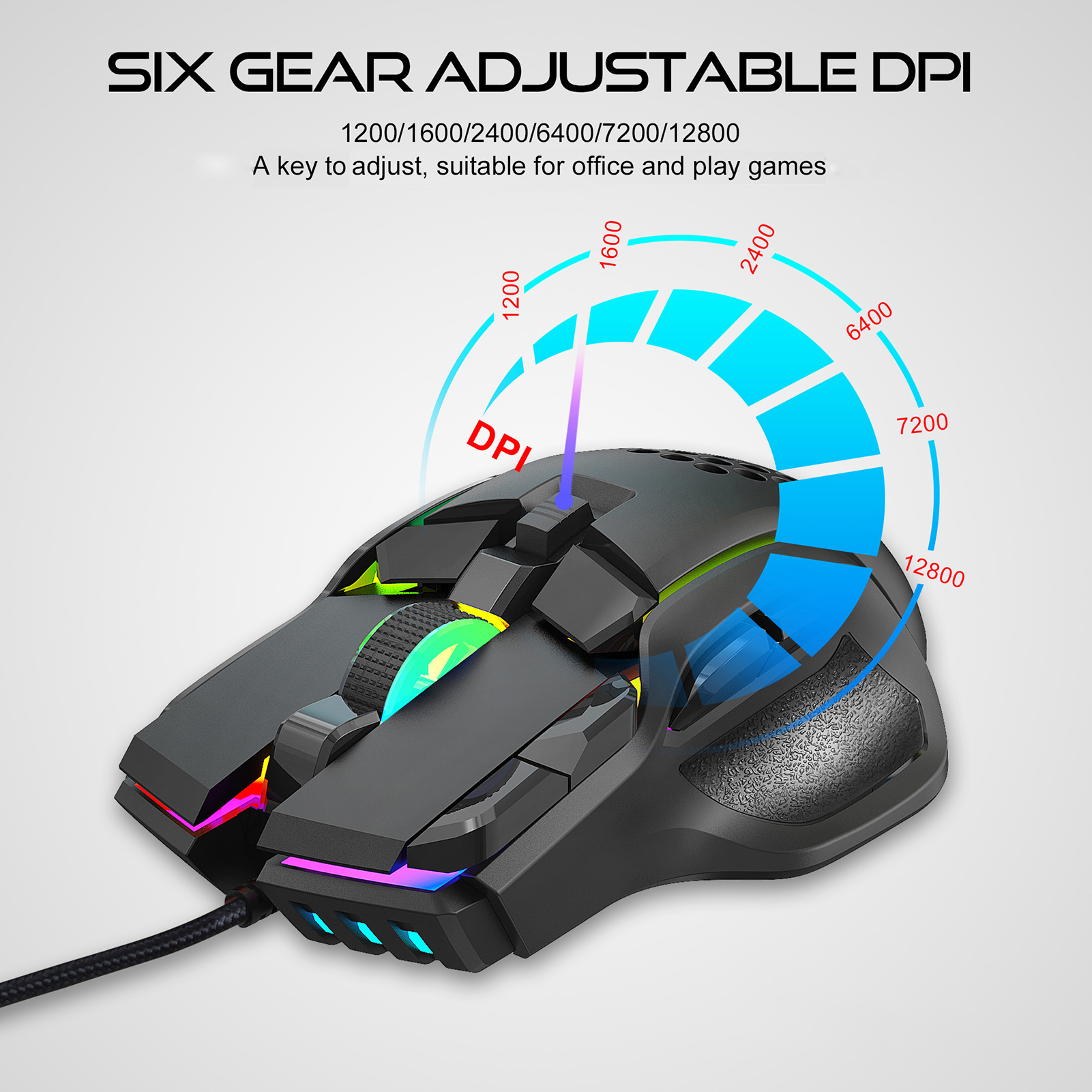 HXSJ S700 Mouse 10 Keys Wired Gaming Mouse Macro Programming Ergonomic Mice with 12800 DPI RGB Light Effect Gaming Mice for PC
