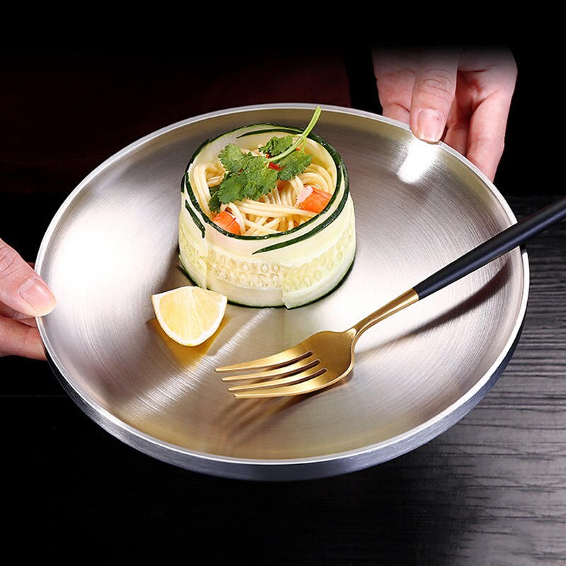 304 Stainless Steel Round Flat Dish Plate BBQ Beef Steak Fruit Salad Dumplings Holder Dessert Tray Kitchen Hotel Tableware 1PC