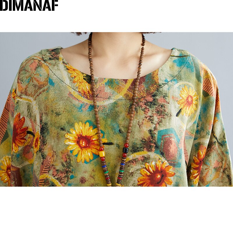 DIMANAF Summer Plus Size Dress Women Clothing Sundress Linen Floral Print Lady Vestido Loose Long Dress Oversize 5XL 6XL