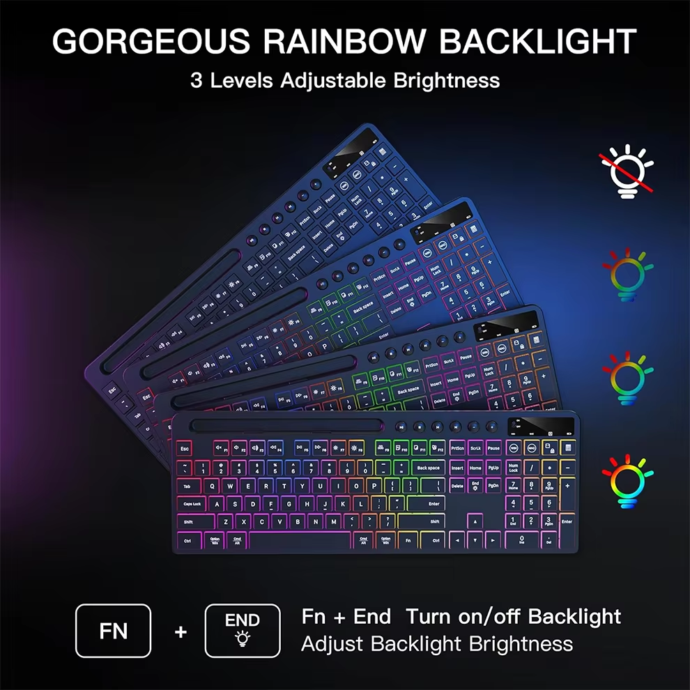 Kabellose Tastatur- und Maus-Kombination mit Hintergrundbeleuchtung, ergonomische Tastatur in voller Größe mit Telefon-Tablet-Halterung, 2,4-G-Maus für PC und Laptop