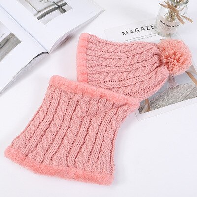 Fleecefodrad varm mössa dam stickad mössa vintermössa scarfset vintermössor för dam skullies mössor huva: Rosa