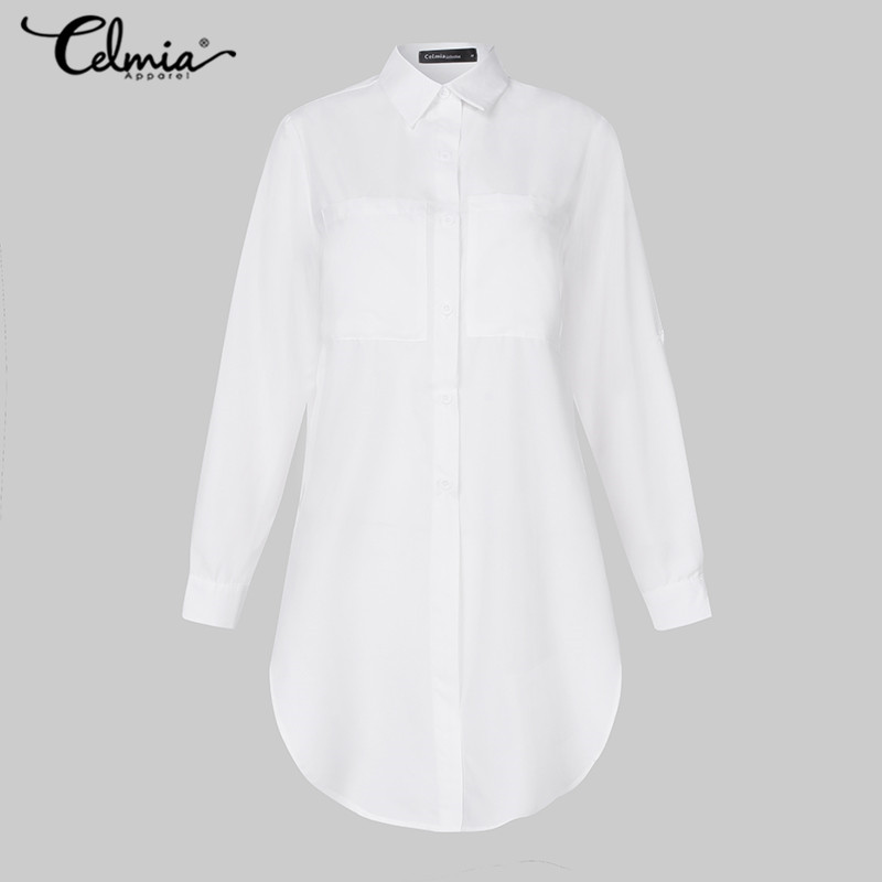 Revers Nacken Blusen Frauen Lange Hemden Celmia Frühling Sommer Unregelmäßigen Saum Teilt Tunika Spitzen Elegante Blusas Plus Größe